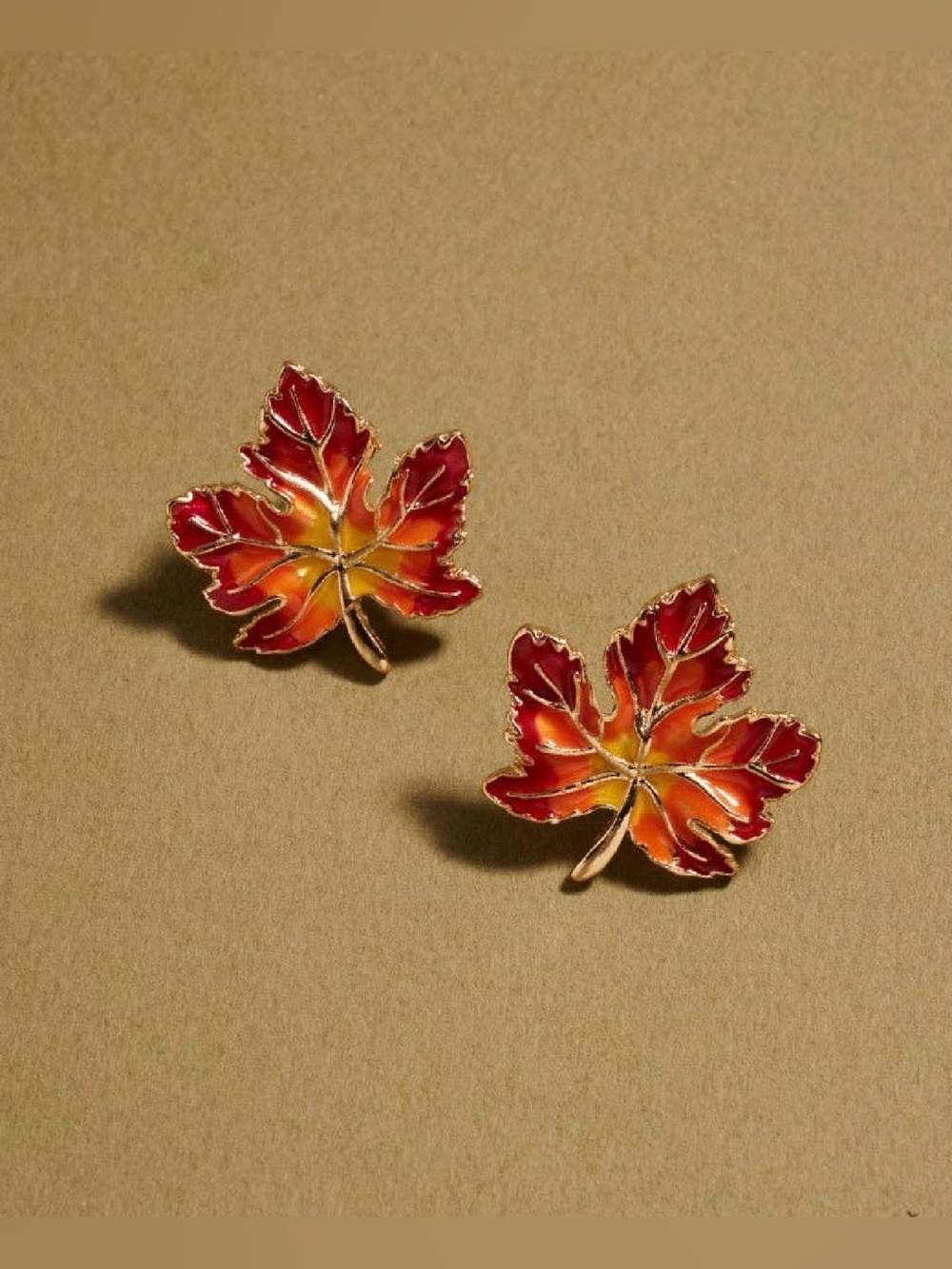 Autumn Maple Leaf Enamel Stud Earrings - Red Orange